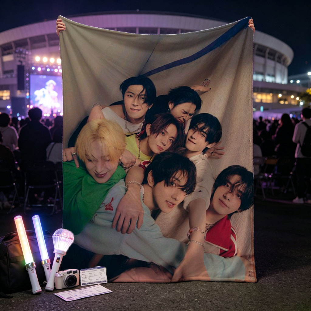ENHYPEN Group Photo - Close-Up of Members Posing Together in a Cozy Indoor Setting - Blankets