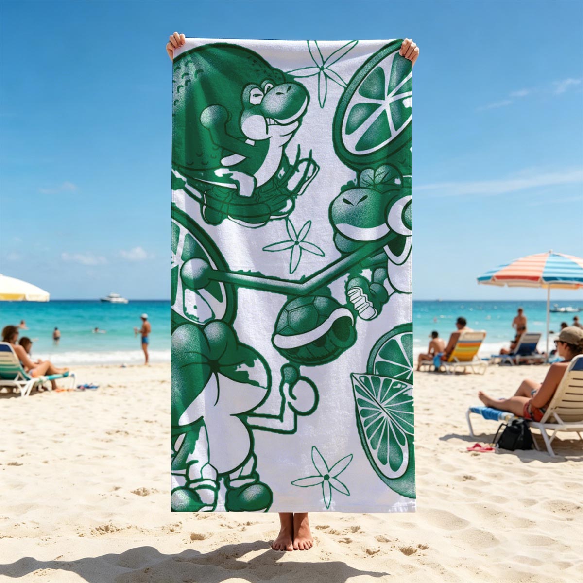 Green Koopas Riding Citrus Bikes with Starbursts - Beach towels