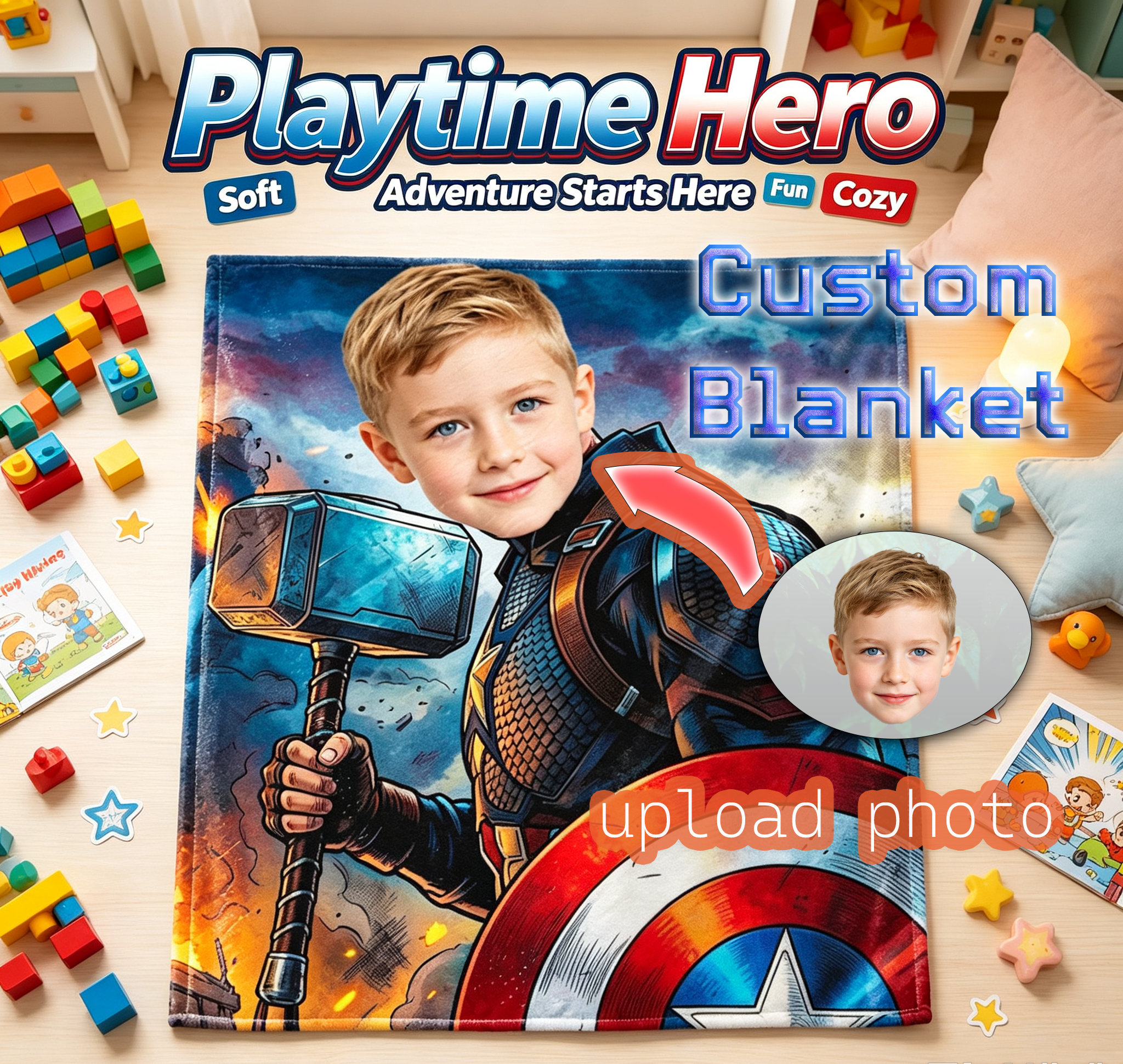 Custom Photo Captain America Throw Blanket Personalized Superhero Flannel Blanket for Kids