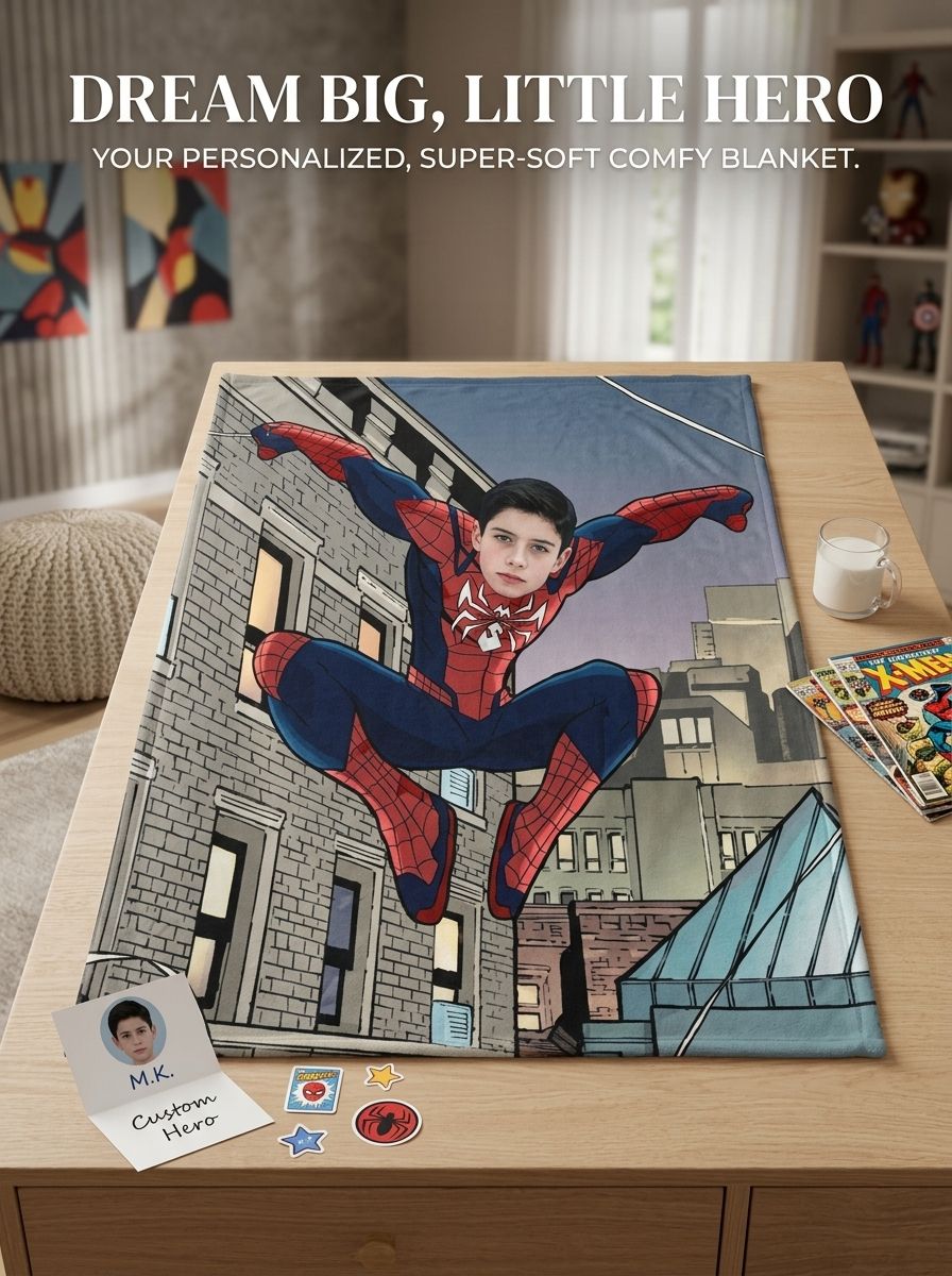 Custom Face Superhero Flannel Fleece Blanket Personalized Photo Comic Throw for Kids and Adults Cozy Bed Couch Gift
