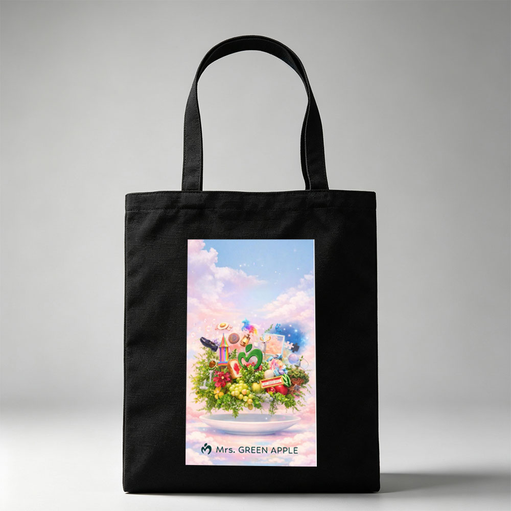 Mrs. GREEN APPLE Fantasy Garden Scene with Colorful Objects and Nature Elements on a Plate - Canvas tote bags