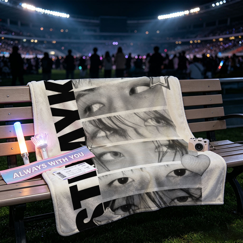 Stray Kids Close-Up Eyes Black and White Collage with Stars and Hearts - Blankets