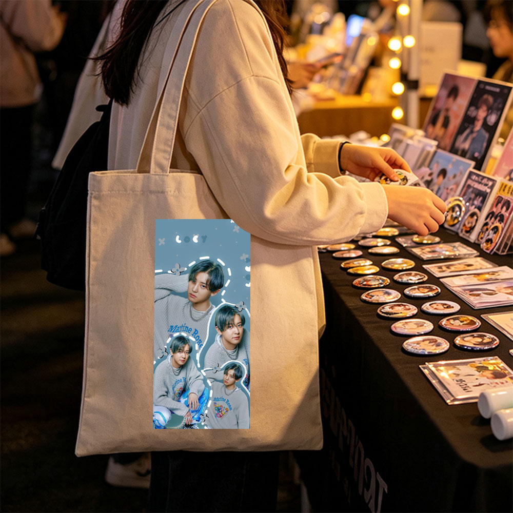 Kai - Multiple Poses in Gray Sweater with Marine Rose Design - Collage Style Photo - Canvas tote bags