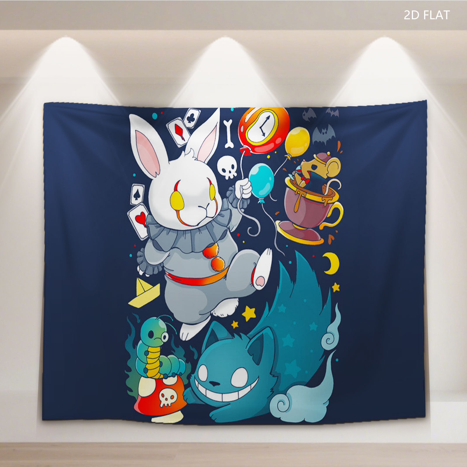 Alice in Wonderland Characters: White Rabbit, Cheshire Cat, Mad Hatter, and Caterpillar in Whimsical Scene - Tapestry