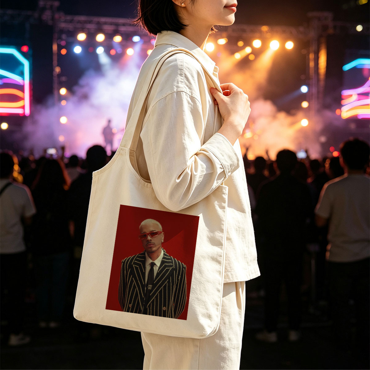 J Balvin in a Striking Red-Background Portrait Wearing a Glittering Black Suit and Red Sunglasses - Canvas shoulder bags/