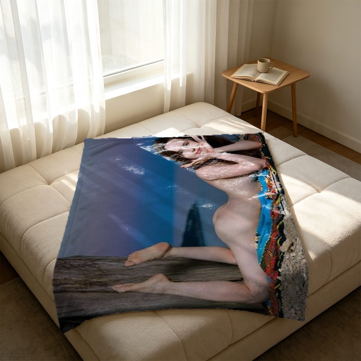 Black Sheer Bodysuit and Stockings in Modern Interior - Blanket
