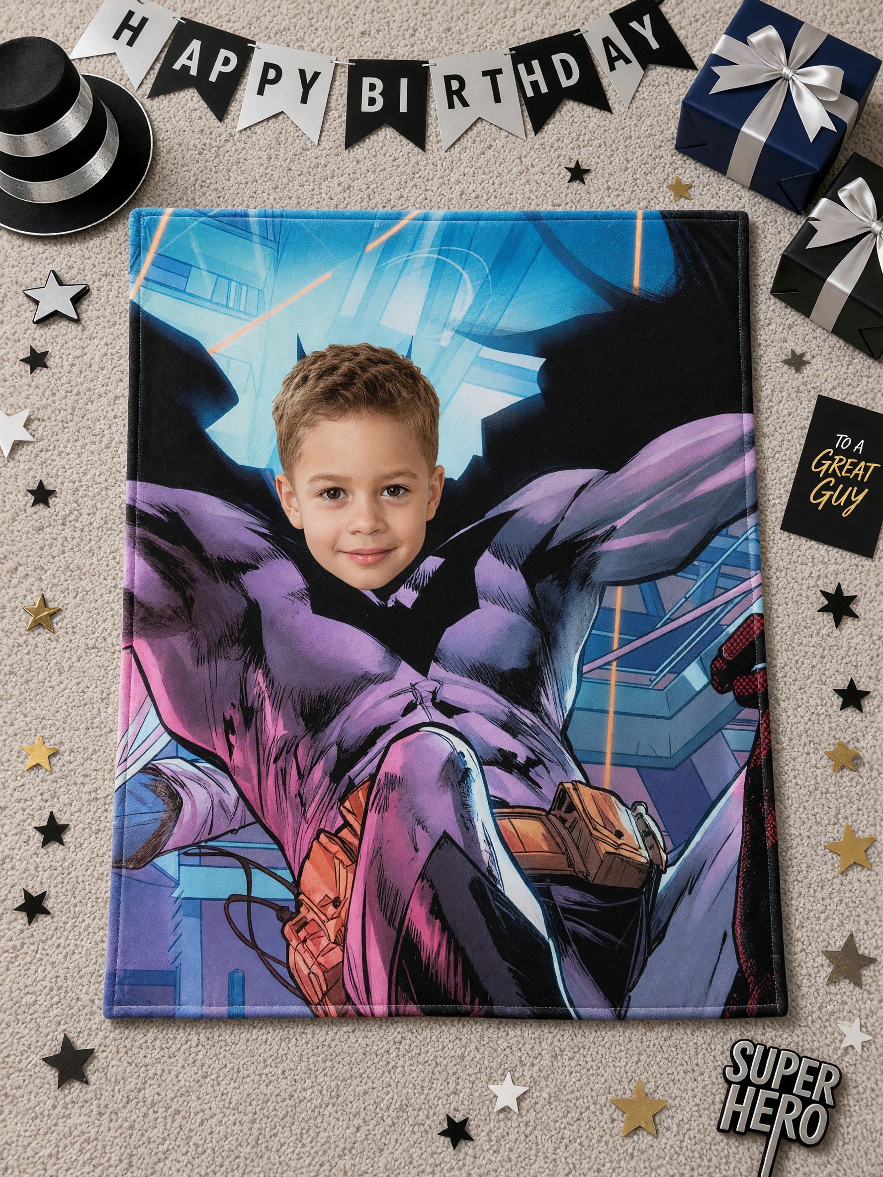 Custom Superhero Face Blanket, Personalized Photo Comic Throw, Ultra Soft Flannel Bed Couch Fleece Blanket Gift