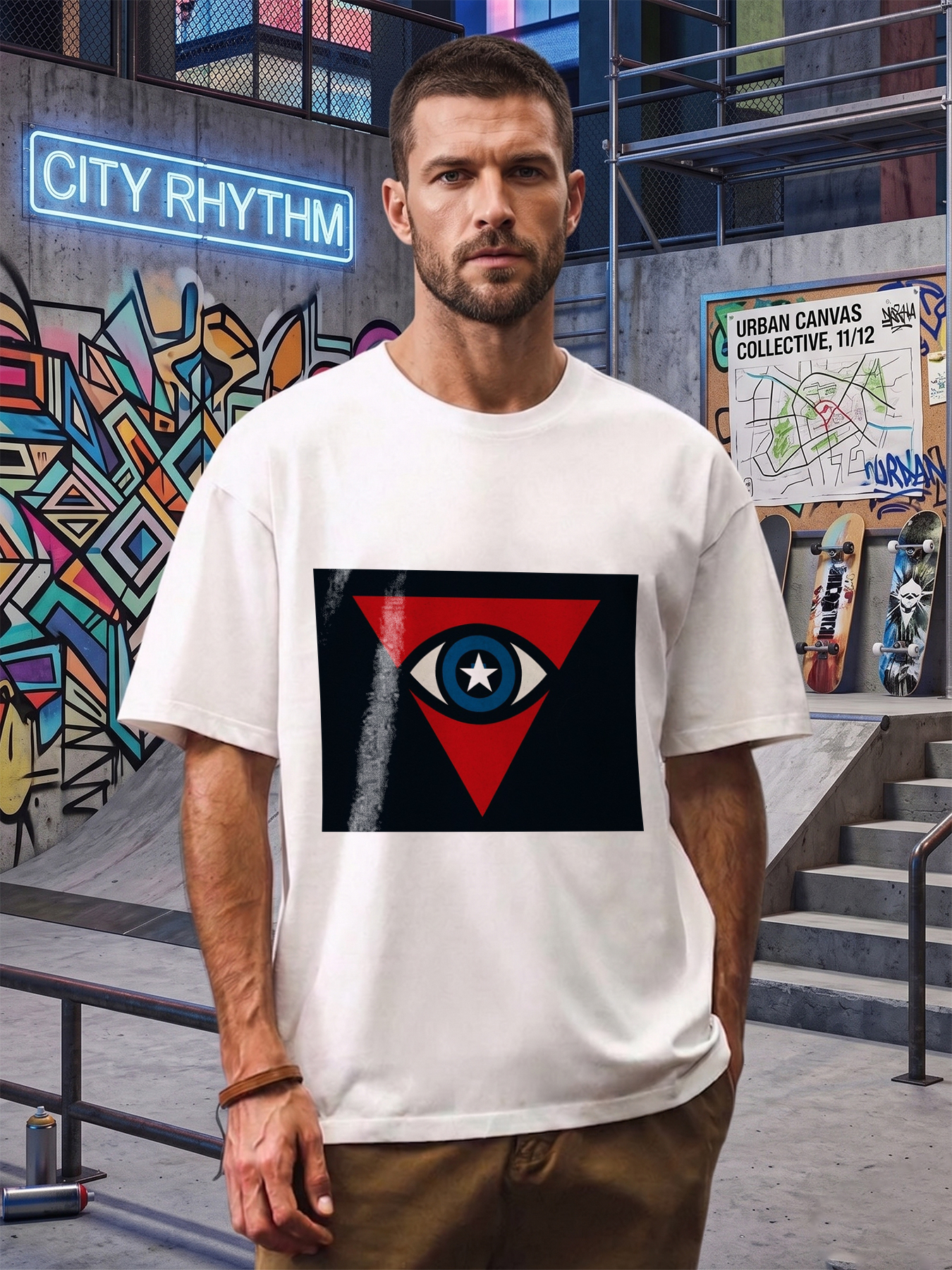 Men's Printed T-Shirt with Eye and Star in Red Triangle Design, Casual Round Neck Lightweight Breathable Summer Short Sleeve T-Shirt for Outdoor Activities, Travel, and Daily Wear, Suitable for Men Who Love Unique Graphic Styles