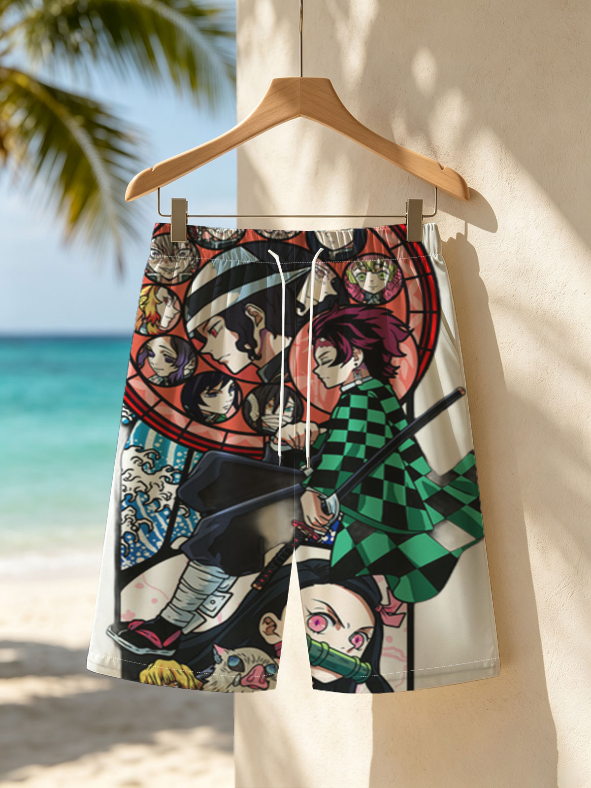 Demon Slayer: Tanjiro, Nezuko, Zenitsu, Inosuke, and Hashira in Action -  Beach shorts