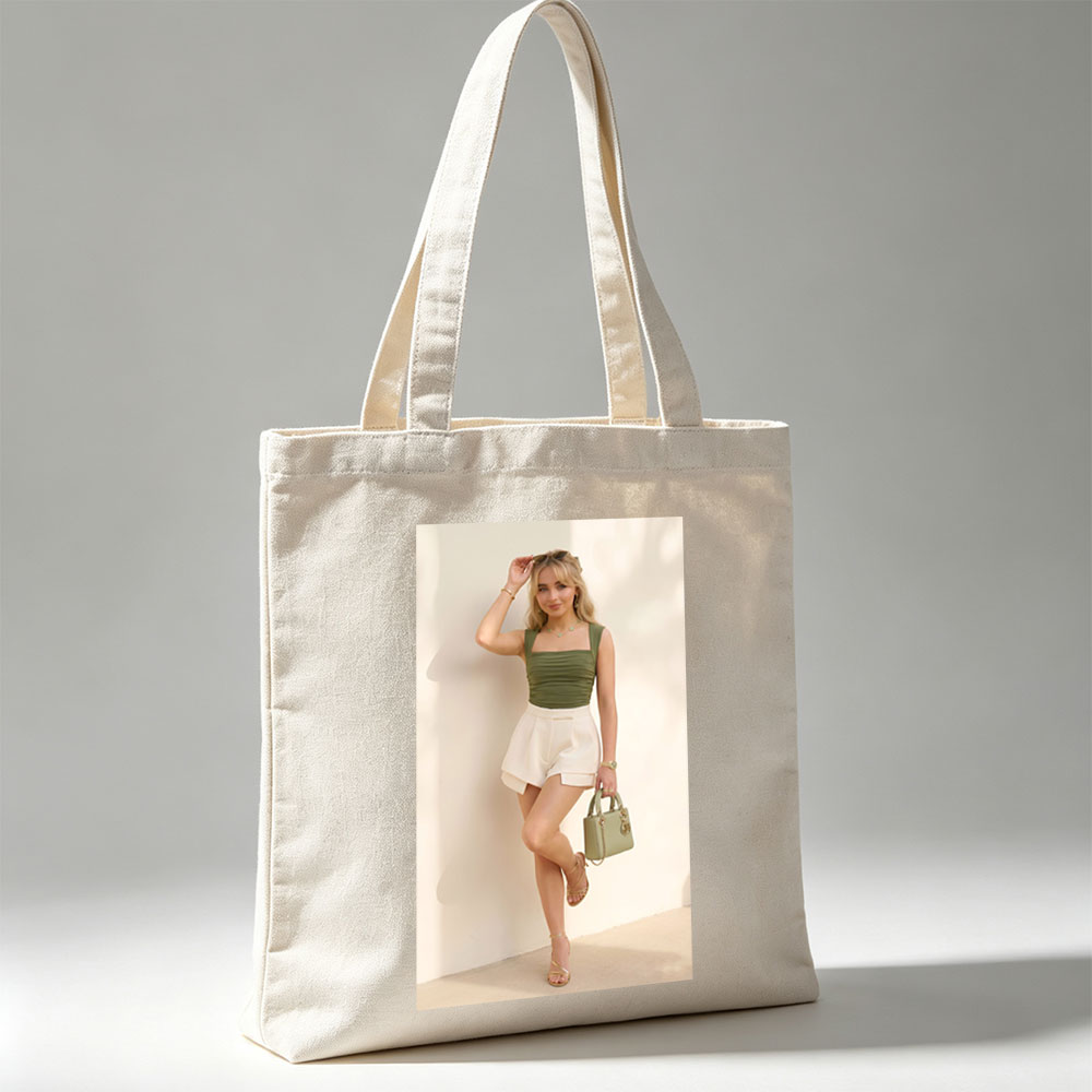Sabrina Carpenter in a stylish summer outfit featuring a green ruched top and white shorts, accessorized with a matching handbag and gold heels. - Canvas tote bags