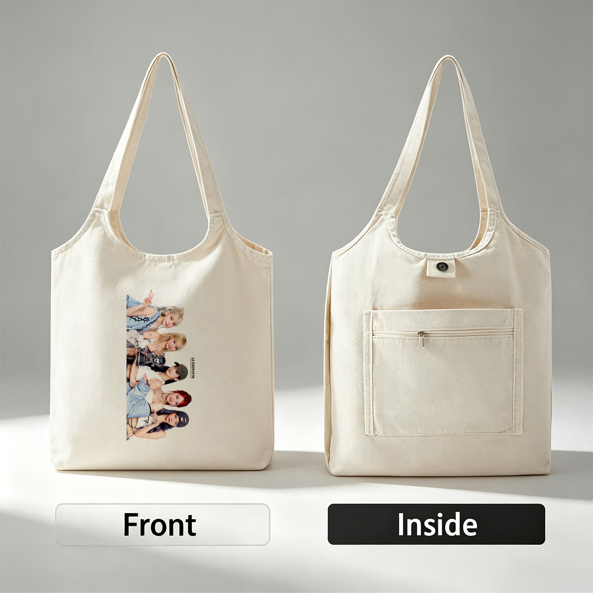 LE SSERAFIM Group Photo - Five Members Posing in Stylish Outfits with Dynamic Expressions and Accessories - Canvas shoulder bags/