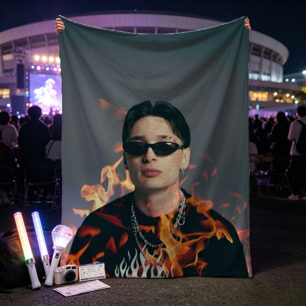 BTS Jungkook in Fiery Pose with Flames Surrounding Him - Blankets