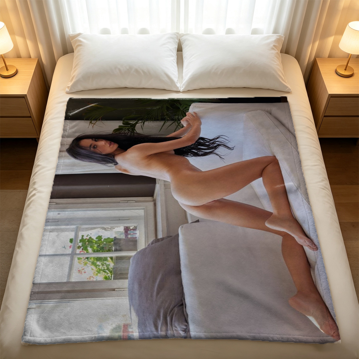 Nude model in white stockings kneeling on teal sofa - Blanket