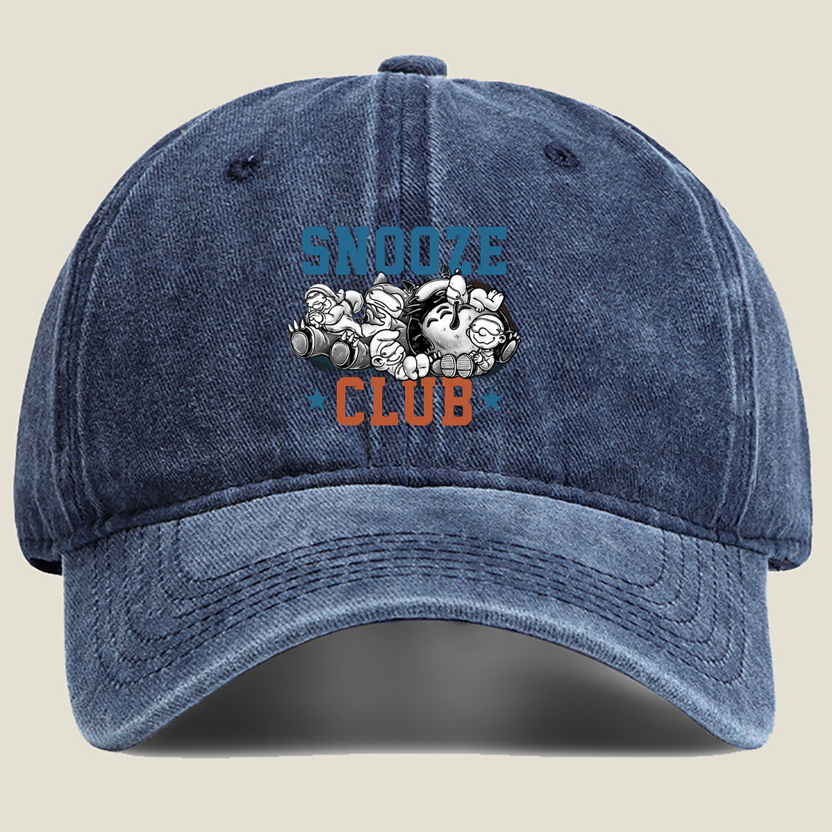 Snooze Club: Mickey, Minnie, Donald, Goofy, and Pluto Sleeping Together - Washed Denim - Baseball Cap