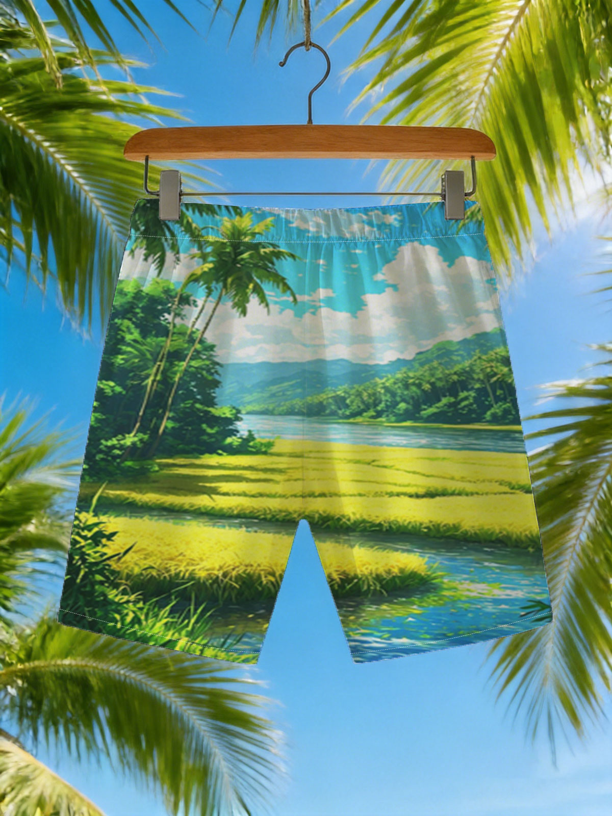 Tropical River Landscape with Lush Greenery and Palm Trees -  Beach shorts