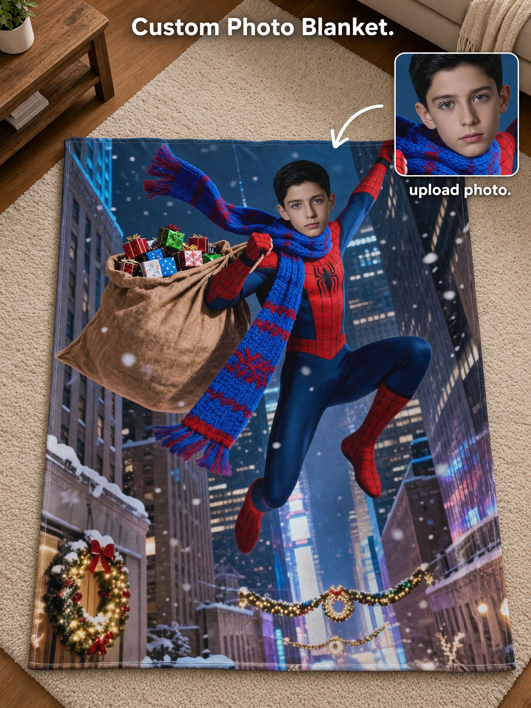 Custom Photo Superhero Christmas Flannel Fleece Blanket Skin Friendly Warm Plush Throw Personalized Holiday Keepsake