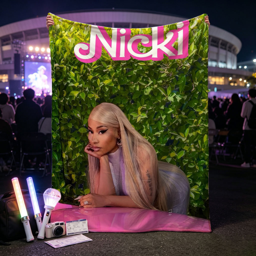 Nicki Minaj Leaning on Pink Car in Front of Green Hedge Wall - Blankets