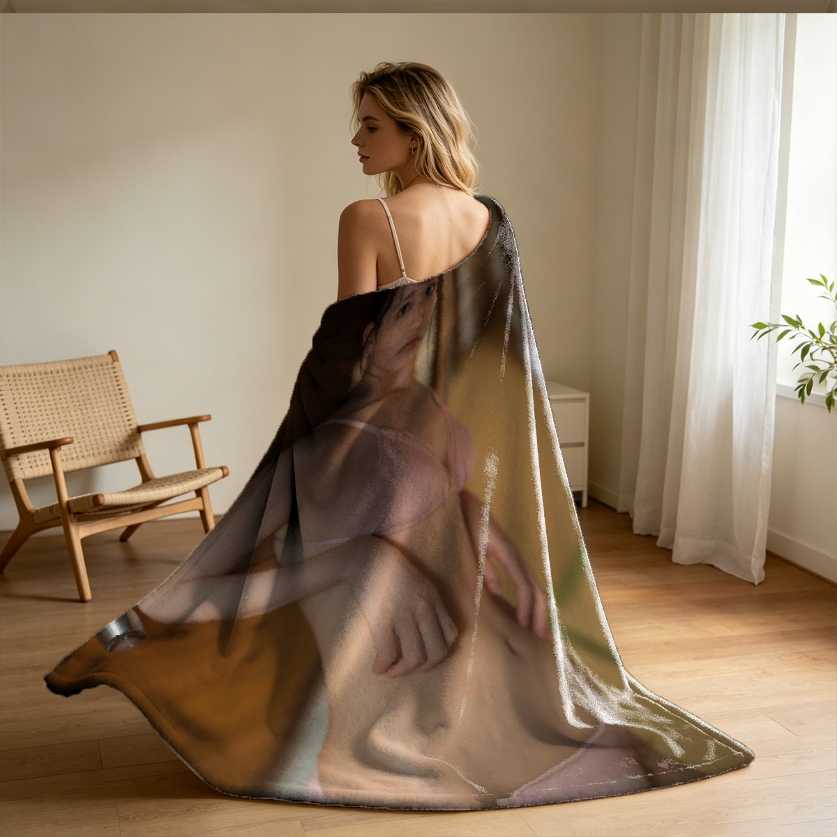 Hayley Atwell in sheer beige dress lying on wicker sofa. - Blanket