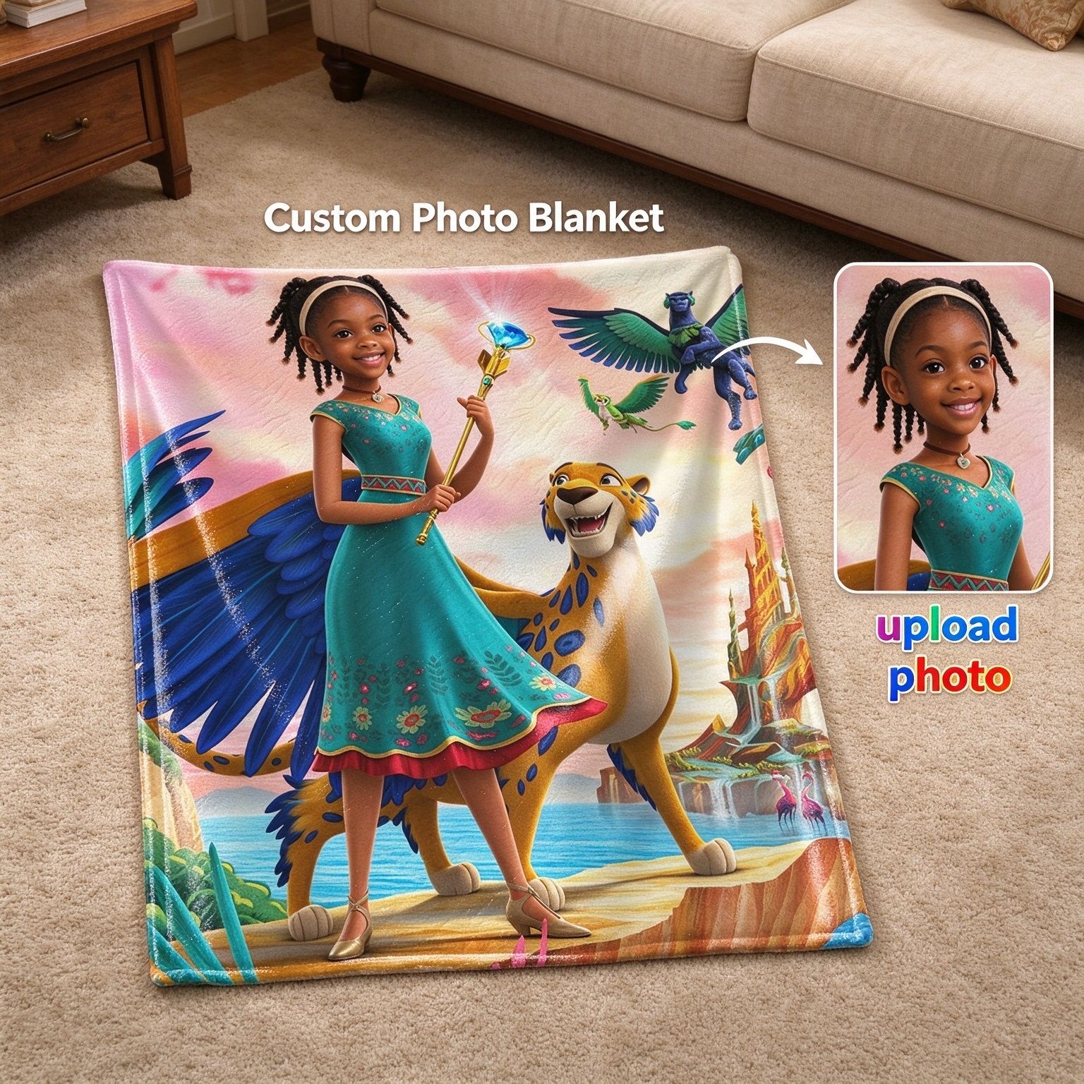 Custom Photo Face Blanket, Personalized Fantasy Princess Soft Flannel Throw for Kids, Ideal Cozy Gift
