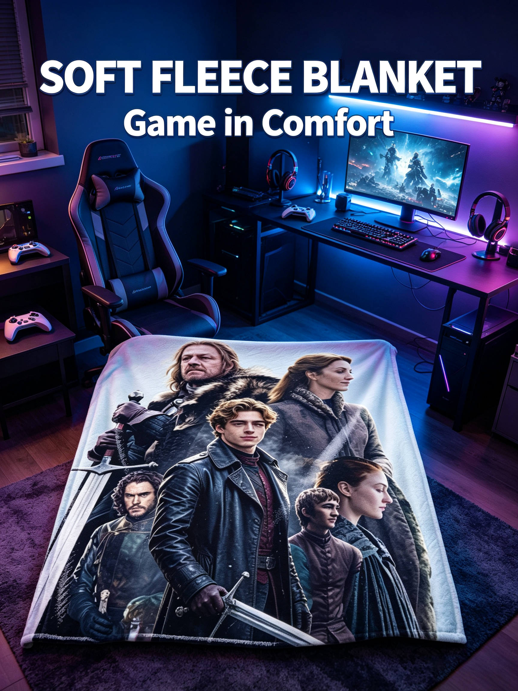 Custom Face Blanket Game of Thrones Stark Family Flannel Blanket Cozy Winter Bedding Gift for Fans and Collectors
