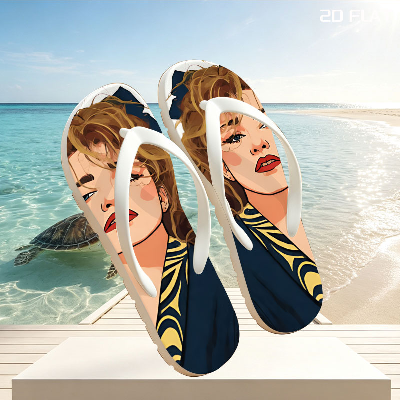 Portrait of a Woman with Blonde Hair and Blue Bow, Wearing a Navy Blue Top with Yellow Patterns -  flip-flops