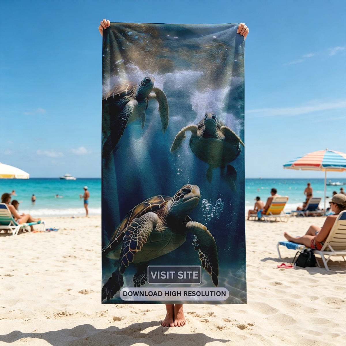 Three sea turtles swimming gracefully underwater in clear blue ocean. - Beach towels