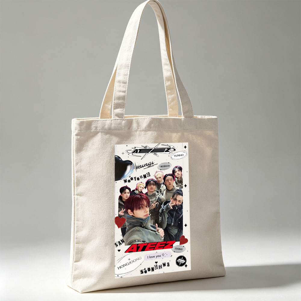 ATEEZ Group Photo Featuring Members in Stylish Outfits with Heart and Name Decorations - Canvas tote bags