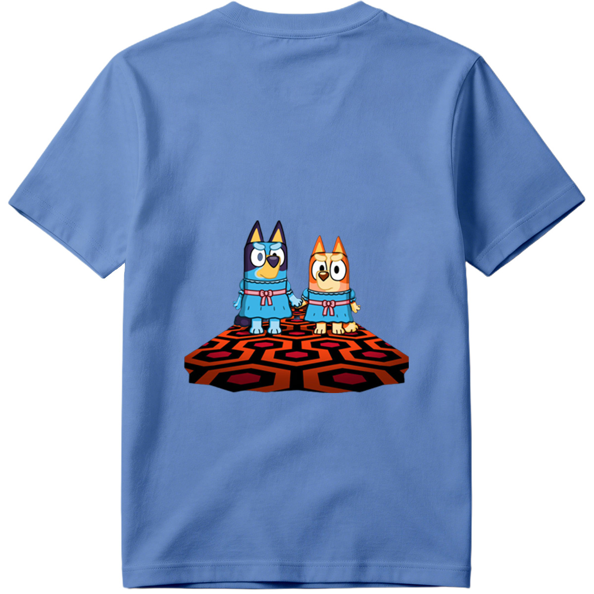 Bluey and Bingo in Matching Dresses on a Patterned Rug - Tee