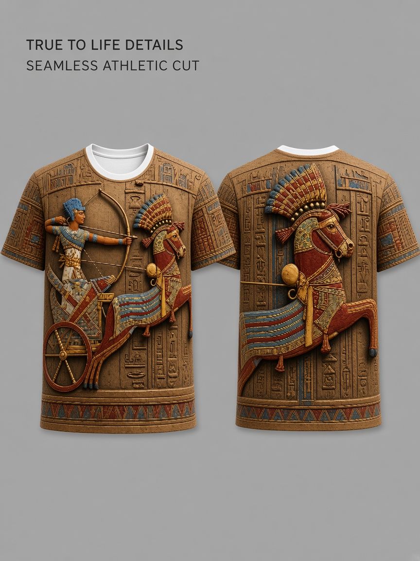 Ancient Egyptian Chariot 3D Optical Illusion Graphic Tee Breathable Athletic Mesh T-Shirt for Casual and Sports Wear