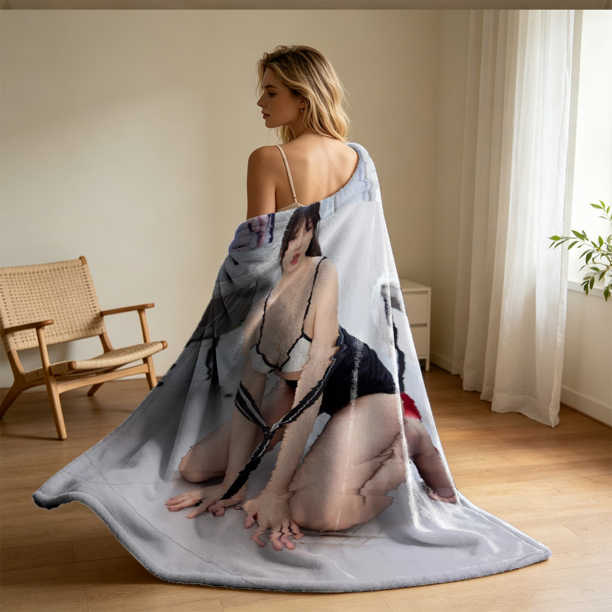 Nude Brunette Sitting on Sofa - Blanket
