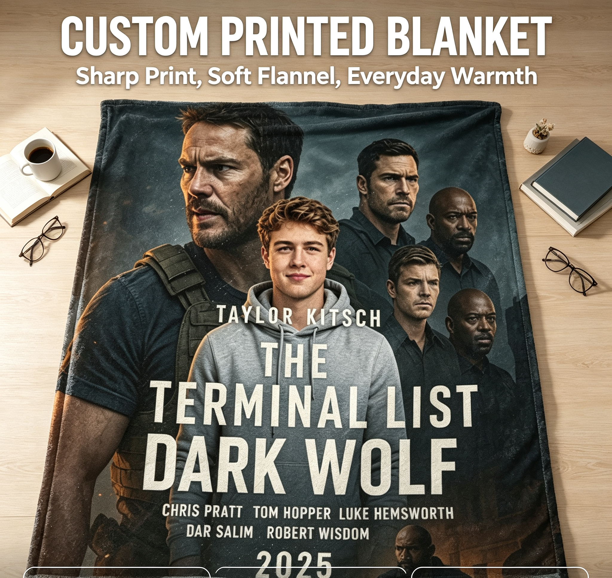 Custom Face Blanket The Terminal List Dark Wolf Flannel Blanket Movie Fan Gift for Men and Women Cozy Bedding Decor Perfect for Christmas or Birthday Present