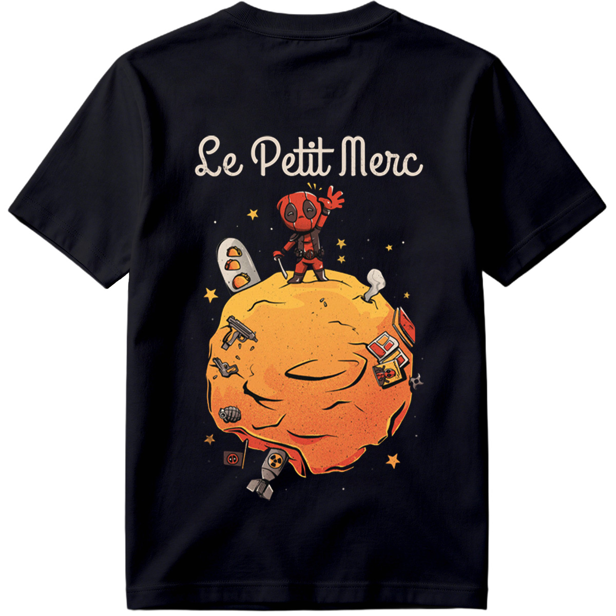 Deadpool on a Planet with Weapons and Space Items - Tee