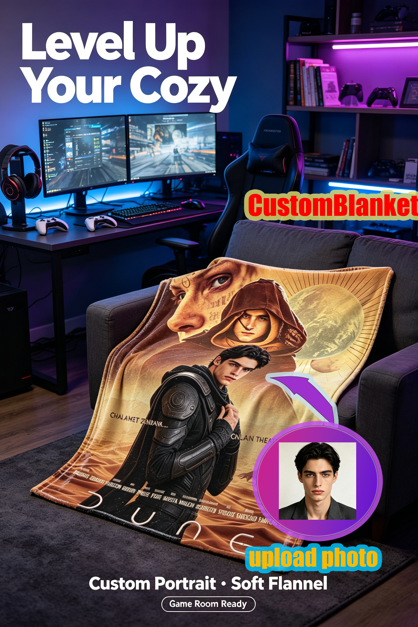 Custom Face Blanket Dune Part Two Movie Character Flannel Blanket for Fans and Collectors — Perfect Gift or Giveaway for Sci-Fi Enthusiasts