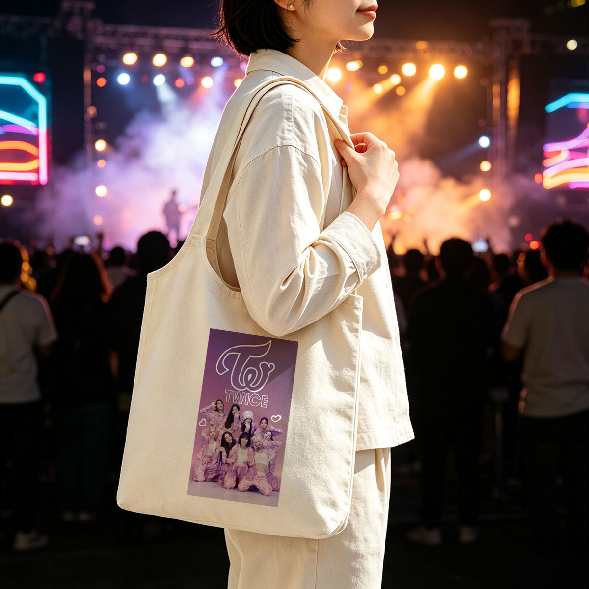 TWICE Group Photo in Pink Patterned Outfits with Heart Emojis and Logo Background - Canvas shoulder bags/