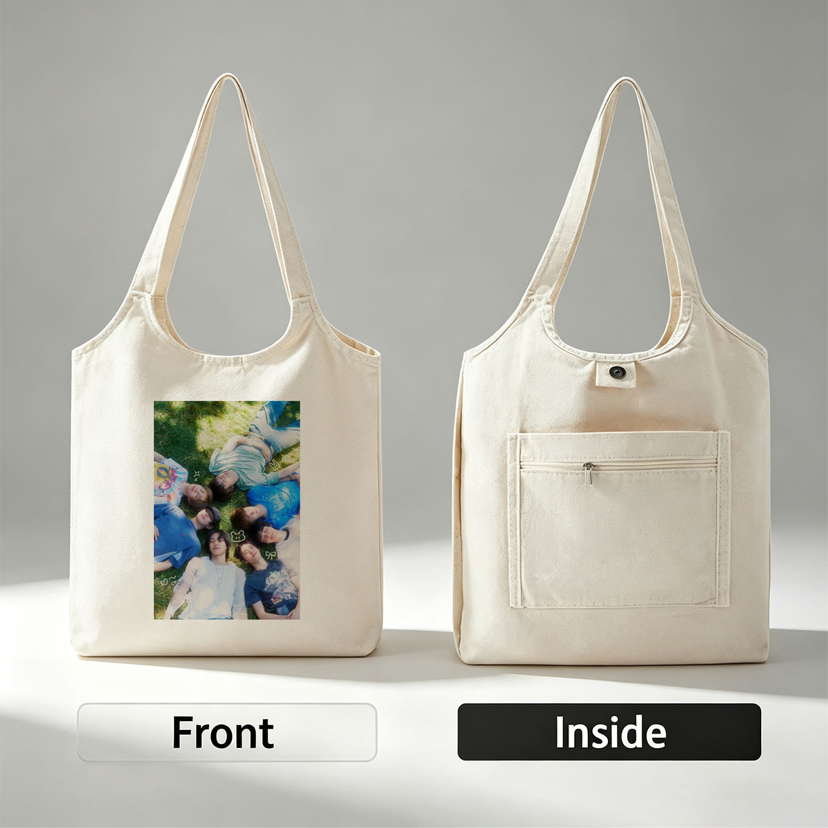 ENHYPEN Lying on Grass in a Circle with Playful Expressions and Cute Emojis - Canvas shoulder bags/