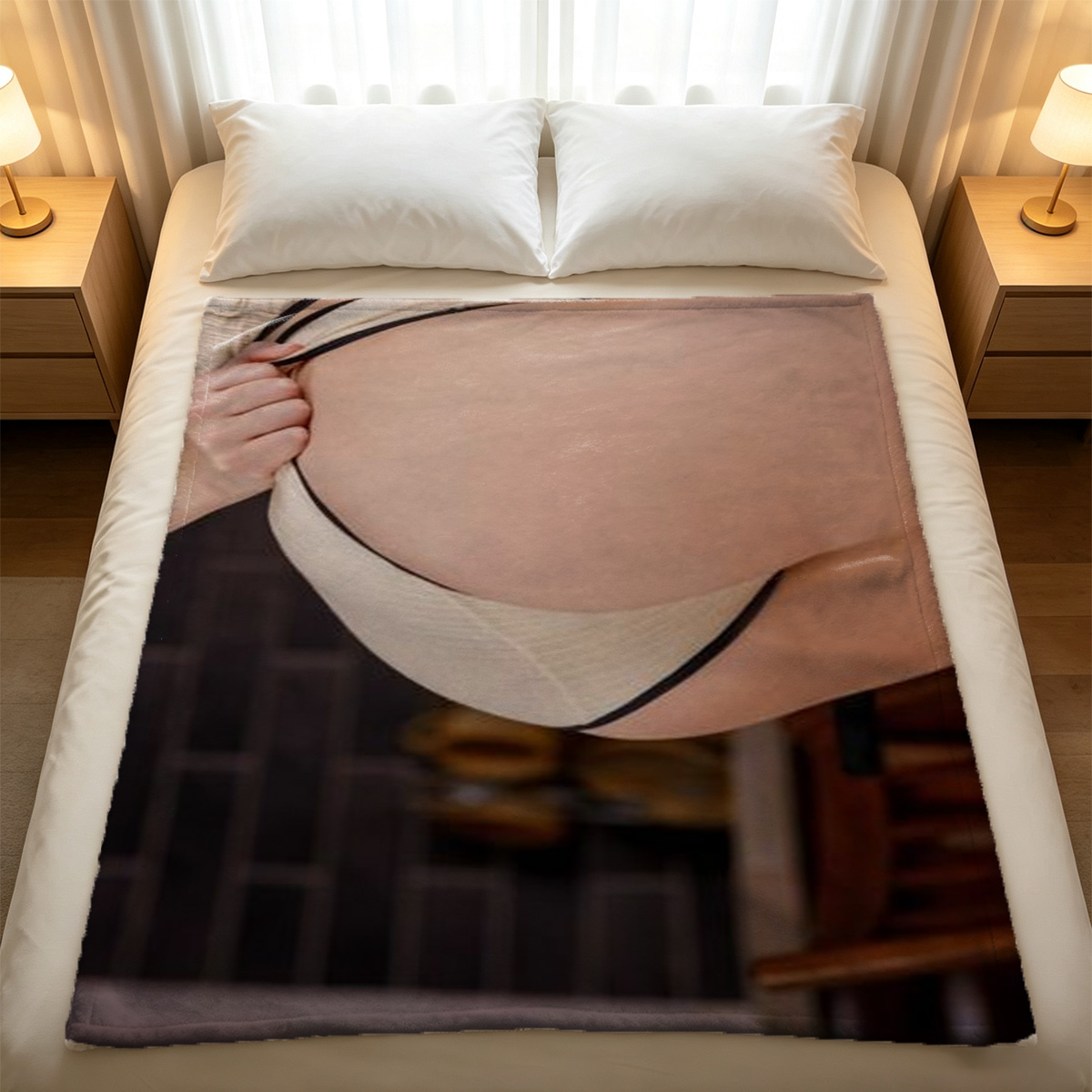 Nude Brunette in Black Bikini Bottom Lying on Beach at Sunset - Blanket