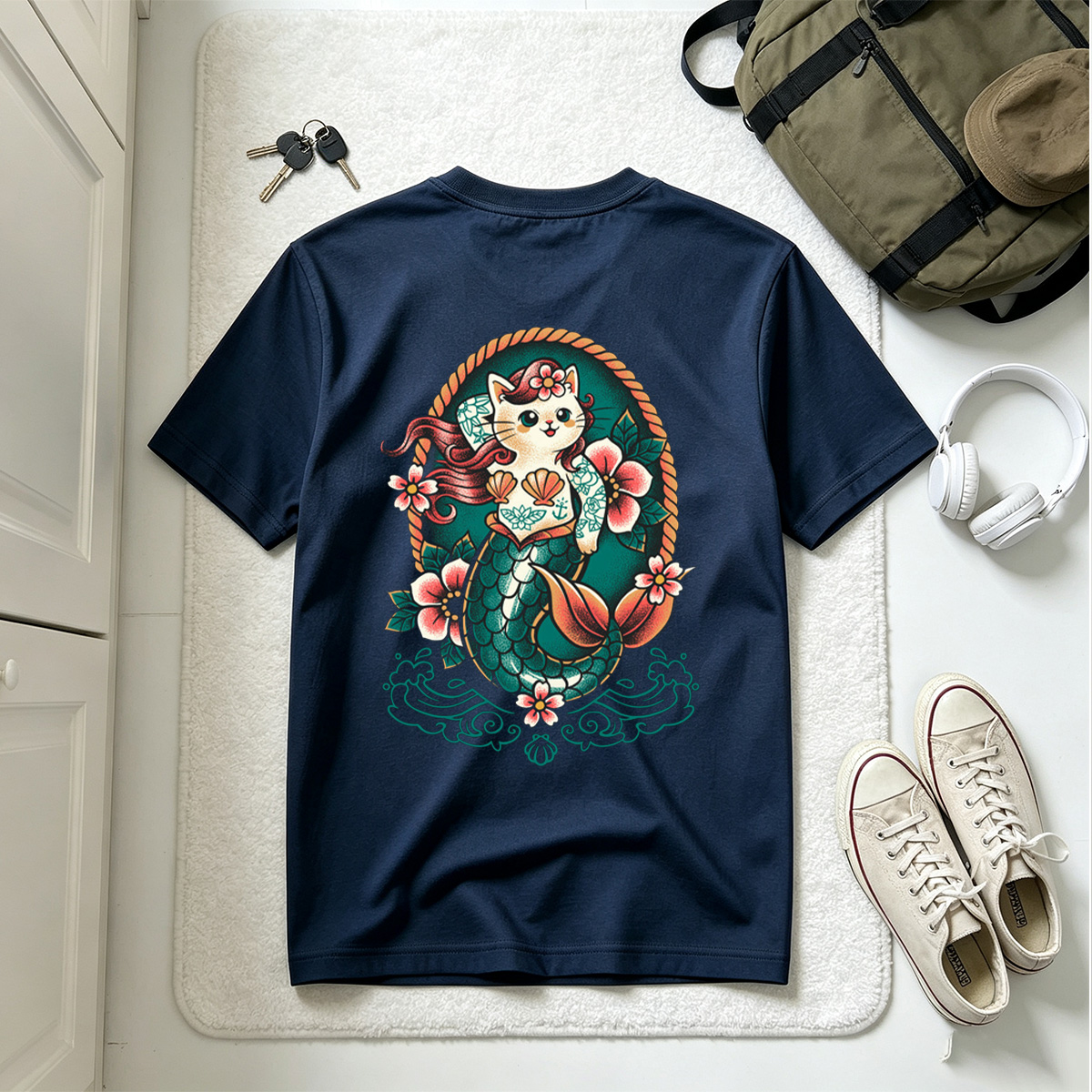 Mermaid Cat with Floral Tattoo Design - Tee