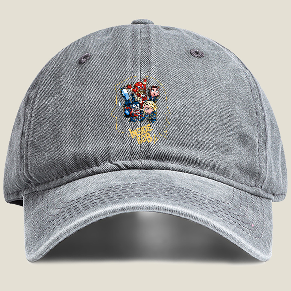 Inside Bob: Captain America, Black Widow, and Thor in Chibi Style - Washed Denim - Baseball Cap