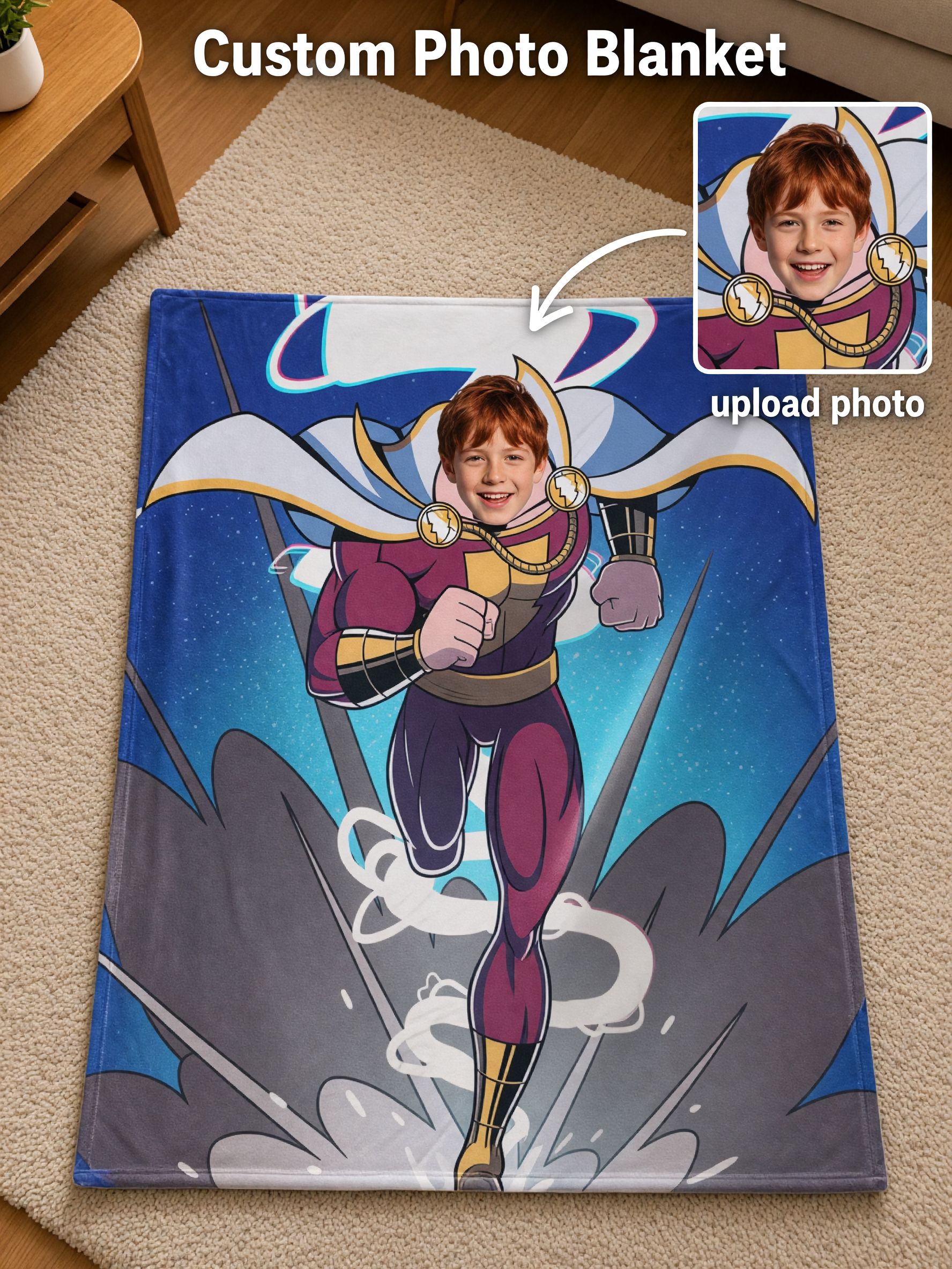 Custom Photo Superhero Flannel Fleece Throw Blanket Personalized Face Portrait Cozy Bed Couch Plush Wrap Ideal Gift