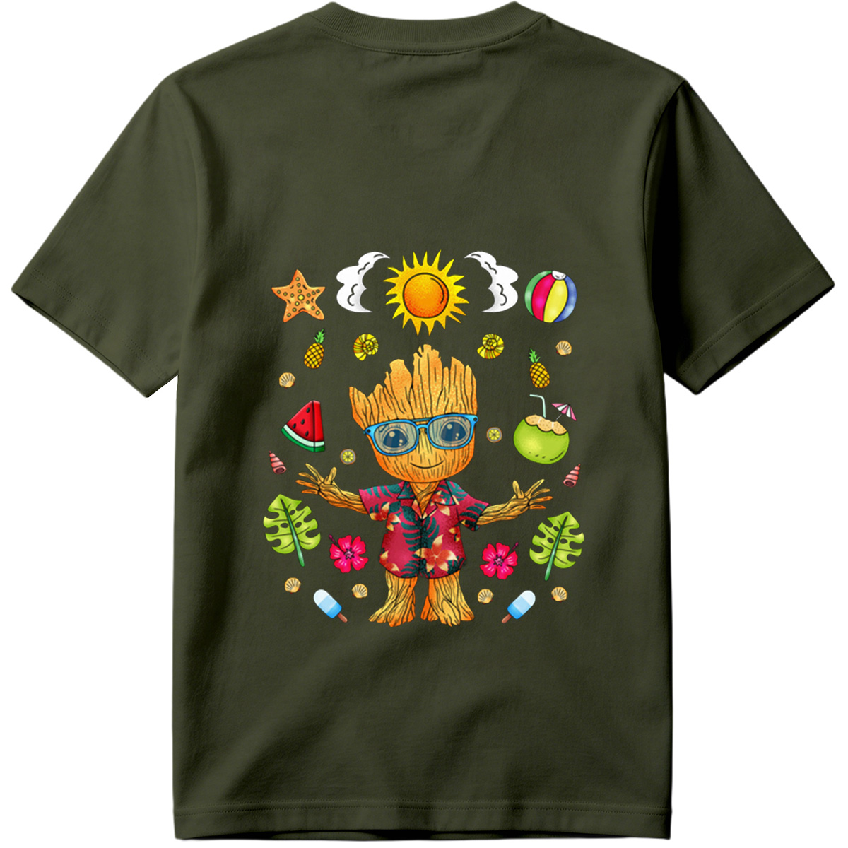 Groot in Hawaiian Shirt with Summer Elements - Tee