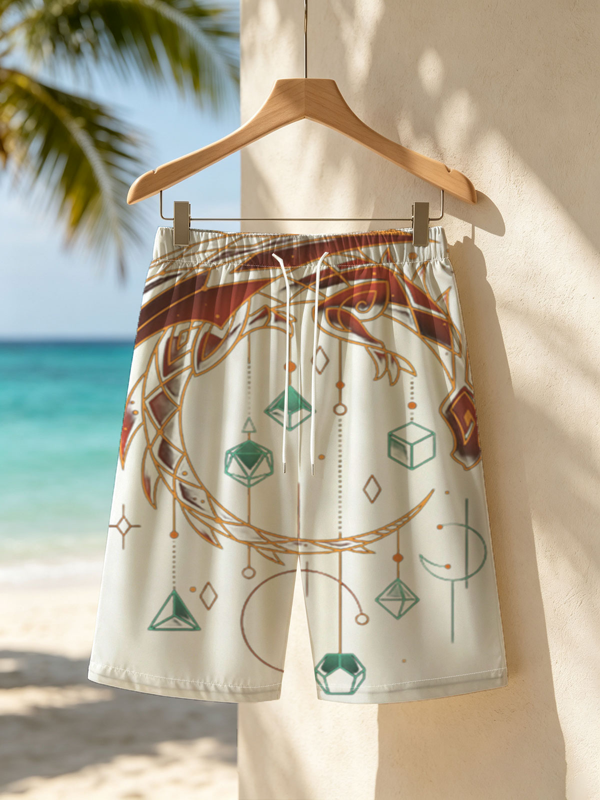 Dragon and Geometric Orbs: Mystical Design -  Beach shorts