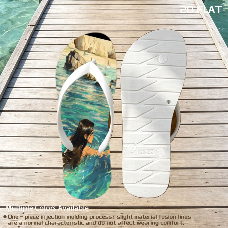 Woman swimming in clear blue water near rocky shore -  flip-flops