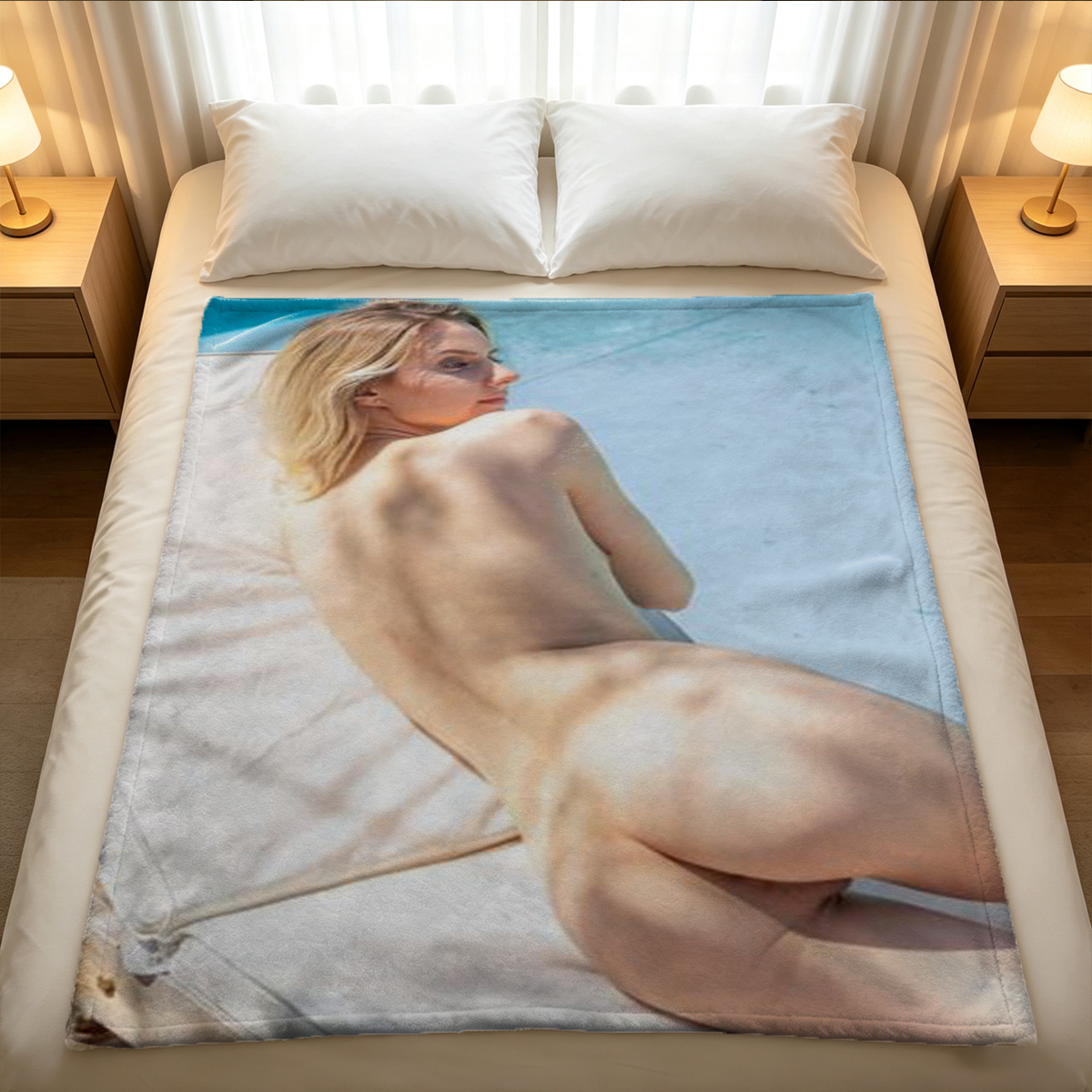 Nude Sophie Monk leaning over balcony railing with jeans and laundry below - Blanket