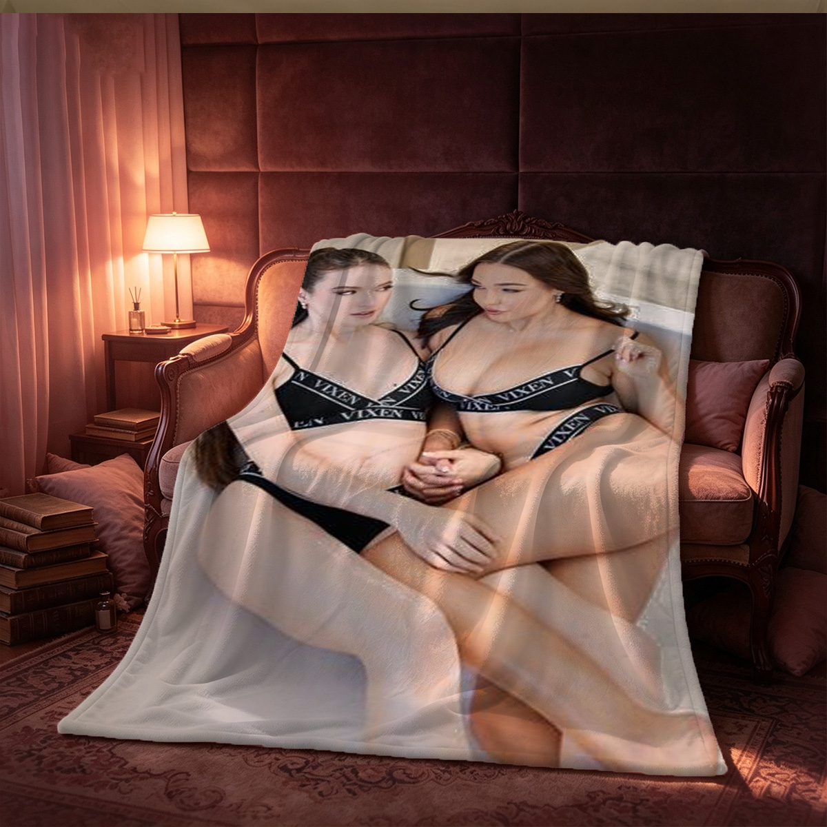 Stunning model in sheer beige lingerie posing against starry backdrop - Blanket