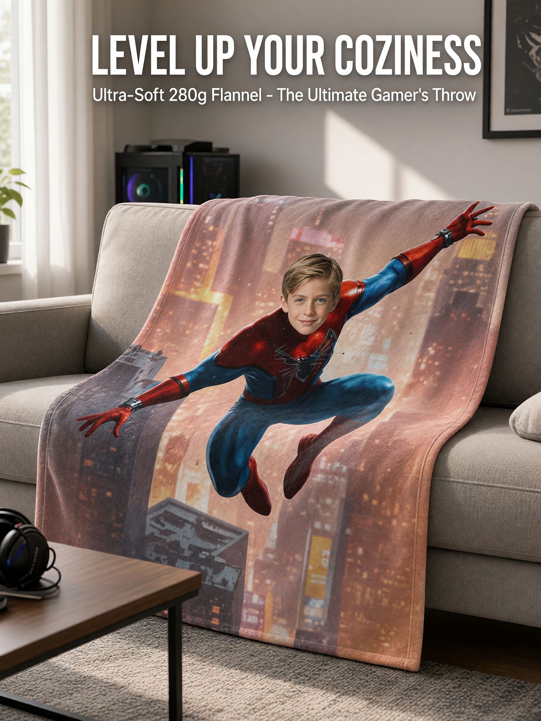 Personalized Face Superhero Flannel Blanket Custom Photo Flying Hero Cozy Throw Bedding Ideal Birthday Gift for Kids