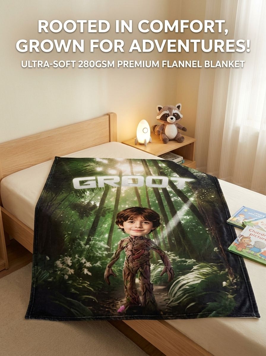 Personalized Photo Face Flannel Blanket Custom Forest Superhero Character Throw Soft Anti Pilling Bed Sofa Fleece Gift