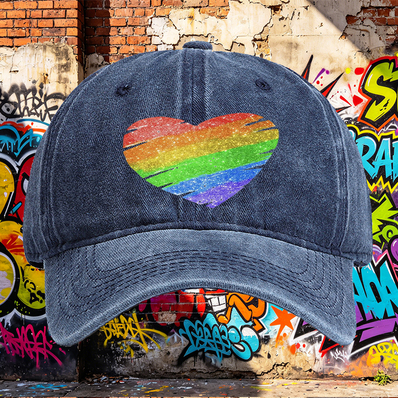 Unisex Classic Washed Cap with Rainbow Heart Glitter Print - Perfect for Pride Events, Casual Outings, and Everyday Wear - Ideal for Adults Seeking Vibrant, Comfortable Headwear with LGBTQ+ Inspired Design