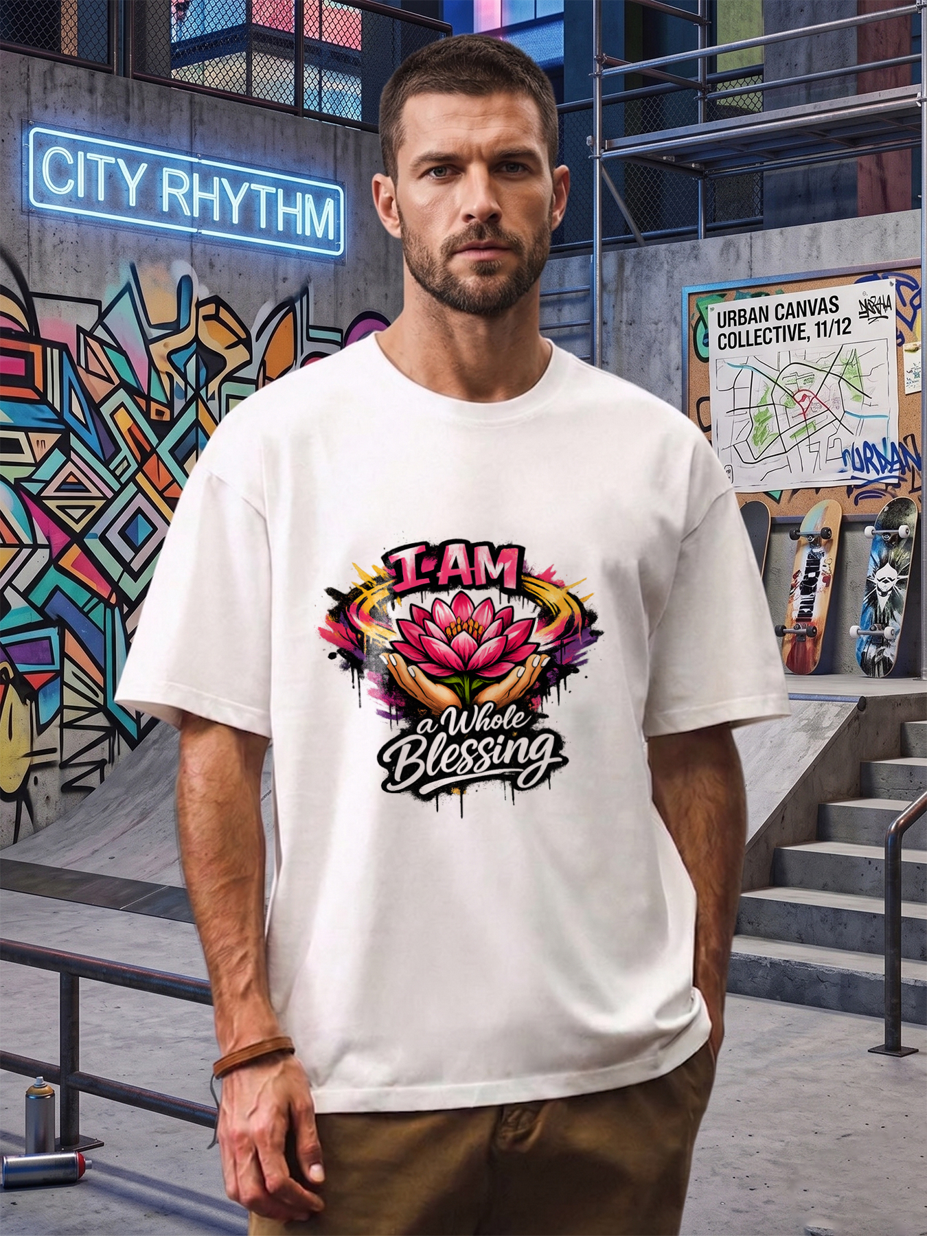 Men's Printed T-Shirt I AM a Whole Blessing Lotus Flower Design Casual Round Neck Summer Lightweight Breathable Short Sleeve T-Shirt for Yoga, Meditation, Everyday Wear, Spiritual Lifestyle Men