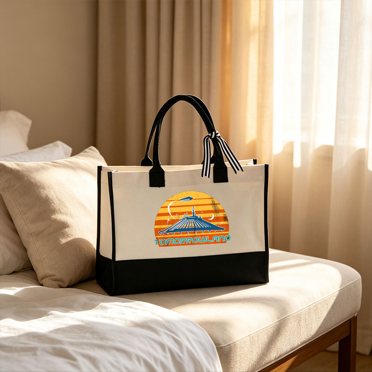 Tomorrowland Festival Logo Featuring Spaceship and Retro Sun Design - Canvas patchwork gift tote bag