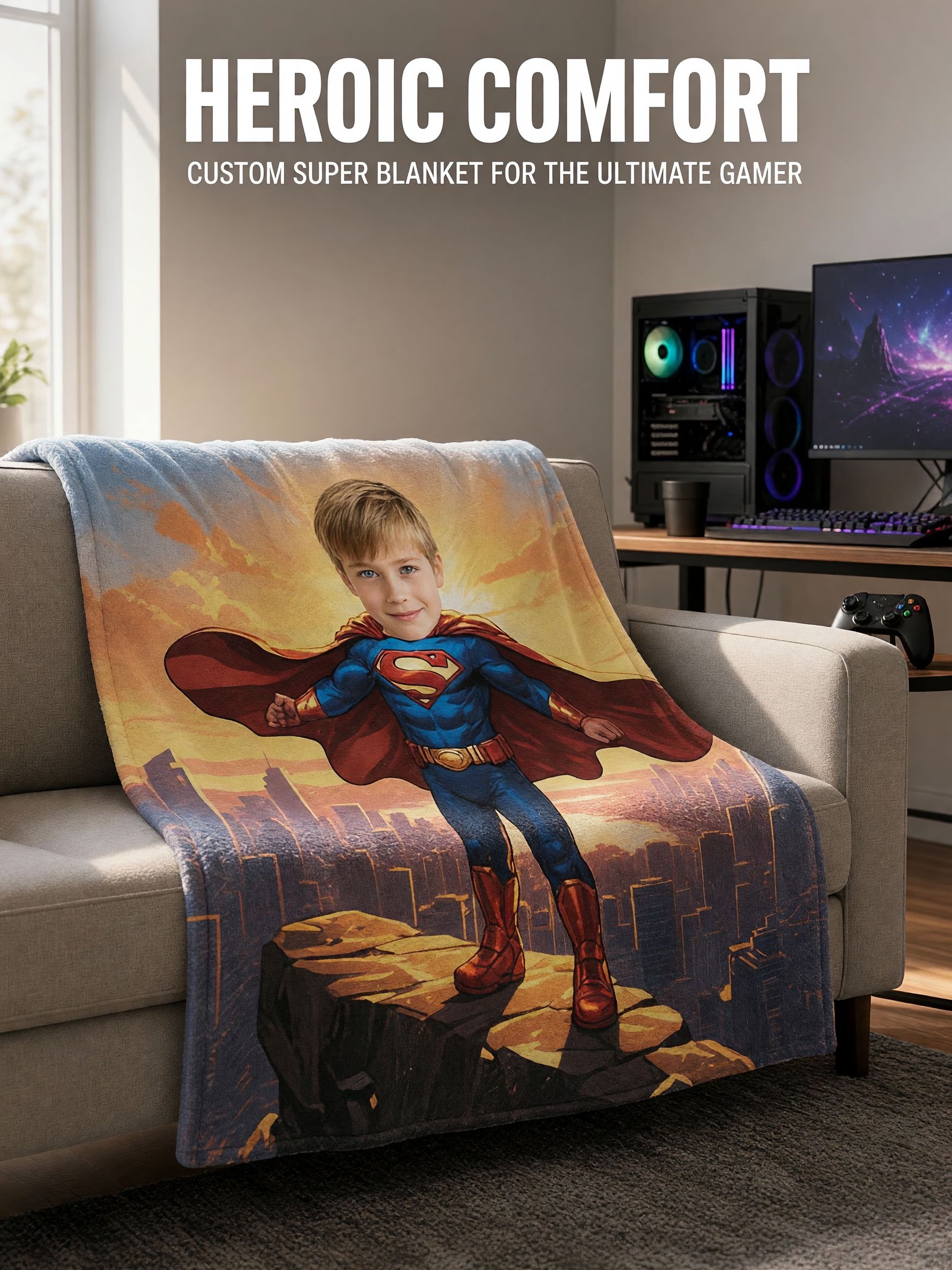 Personalized Superhero Face Photo Blanket Soft Plush Flannel Throw Cover Ideal Custom Gift for Kids